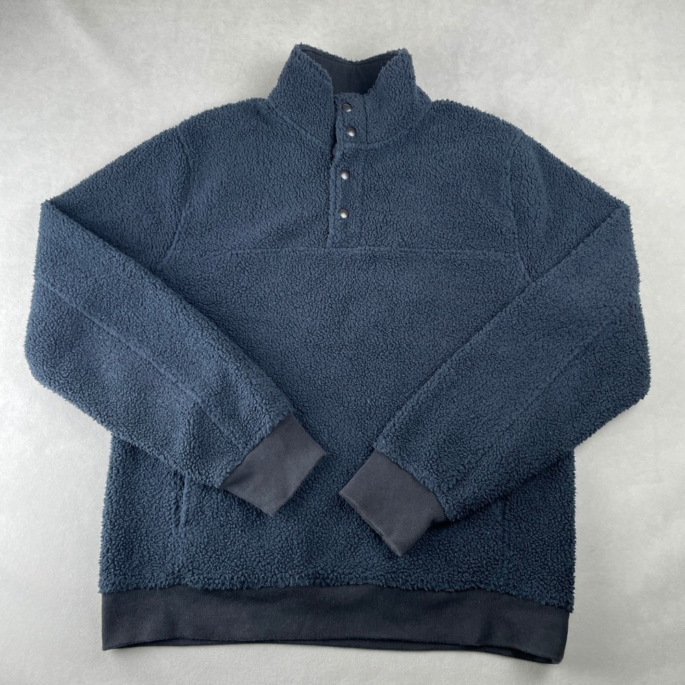 J Crew Sherpa Deep Pile Fleece 1/4 Snap Neck Pullover Blue Cozy Preppy Mens M